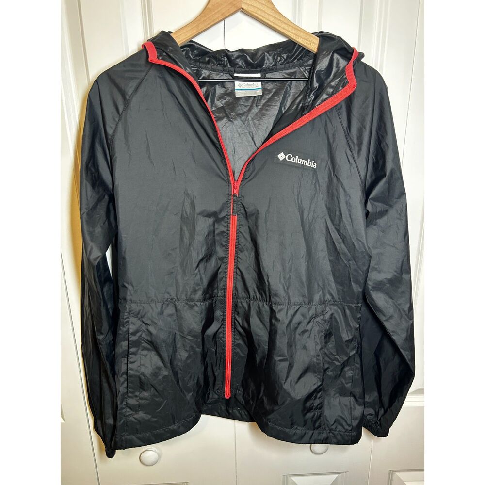 Columbia Black Lightweight Hooded Windbreaker Jacket - Coral Pink Trim - Size M